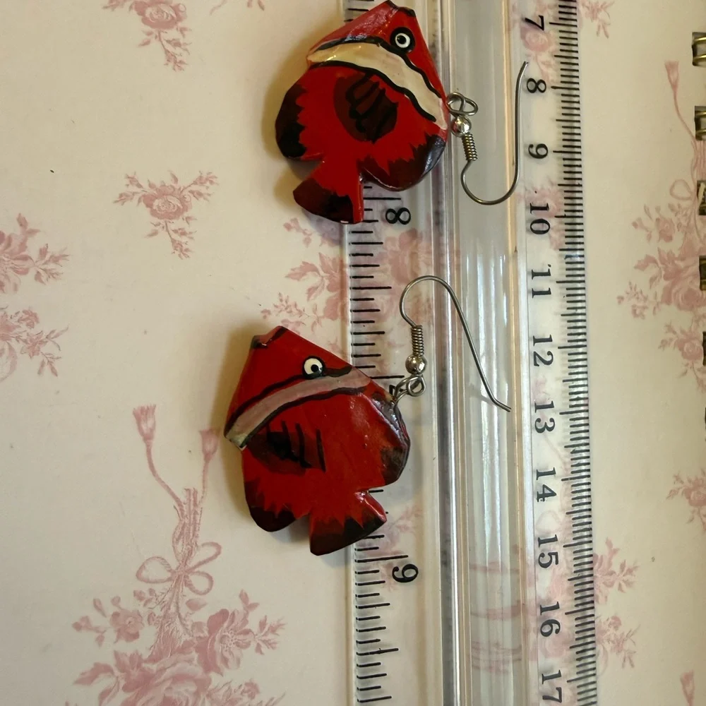 Handmade Red Clownfish‎ Drop Earrings Hand Painted Nautical Fish Jewelry